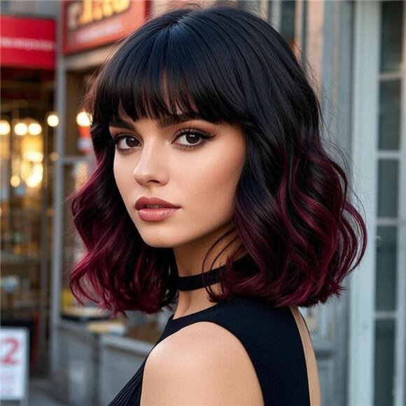 Other - 14 Inch Curly Bob Wig for Women, Black Mixed Red